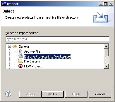 Selecting to import an existing RTOS project into the Eclipse IDE