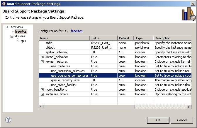 The board support package (BSP) settings dialog
