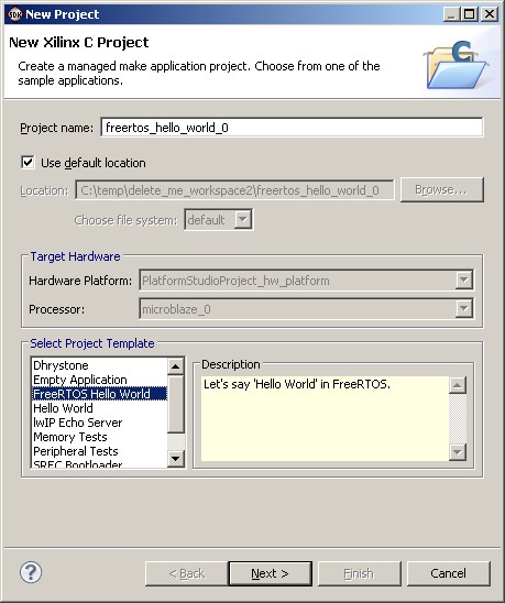 Selecting FreeRTOS Hello World as the project template in the new project dialog