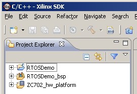 The Cortex-A9 RTOS projects viewed in the Eclipse project explorer.