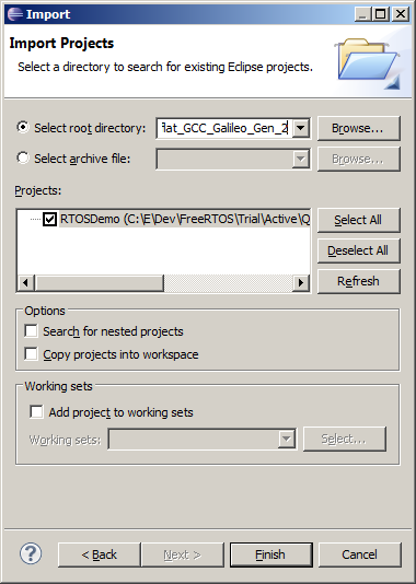 Importing the Intel Quark IA32 RTOS demo project into an Eclipse workspace