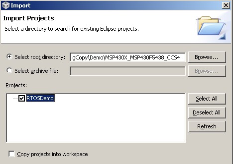 选择要导入 Eclipse 的 FreeRTOS MSP430X CCS 项目
