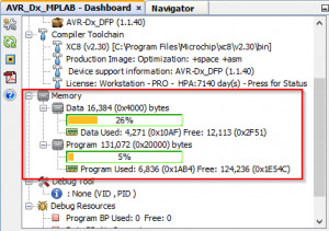Figure 9: MPLAB X Dashboard shows the memory size of the code project.